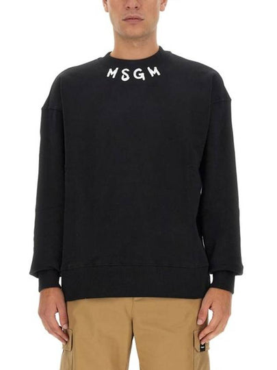 Neck Brushed Logo Print Cotton Sweatshirt Black - MSGM - BALAAN 2