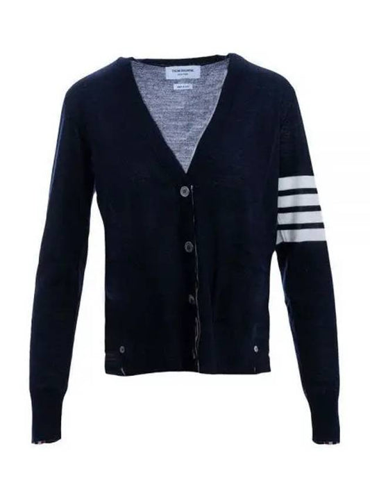 Sustainable Fine Merino Wool 4-Bar Relaxed Fit V-Neck Cardigan Navy - THOM BROWNE - BALAAN 2