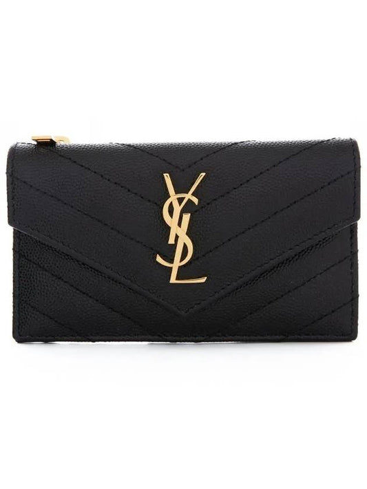 Cassandre Matelasse Fragment Emboss Leather Flap Card Wallet Black - SAINT LAURENT - BALAAN 2