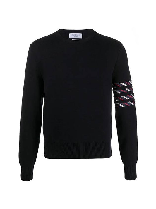 diagonal silk stripe crew neck knit top navy - THOM BROWNE - BALAAN.