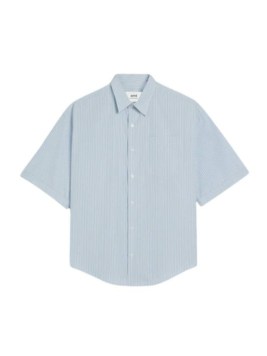 Striped boxy fit short sleeve shirt blue - AMI - BALAAN 1