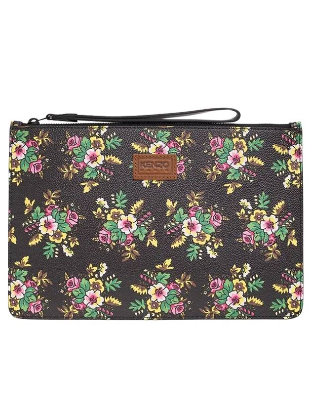 Pop Bouquet Print Logo Patch Large Pouch Bag Black - KENZO - BALAAN.