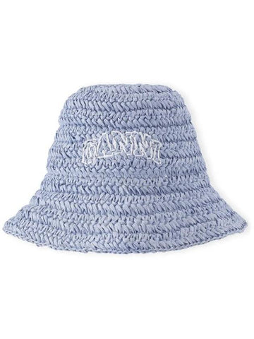 Embroidered Logo Straw Bucket Hat Blue - GANNI - BALAAN 1