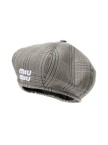 Prince Of Wales Check Wool Beret Grey - MIU MIU - BALAAN 1