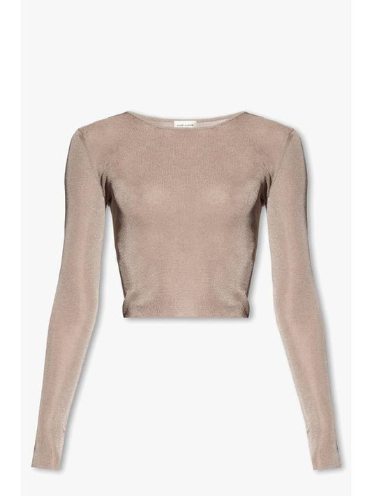 Rib Detail Viscose Crop Long Sleeve T-Shirt Pink - SAINT LAURENT - BALAAN 1