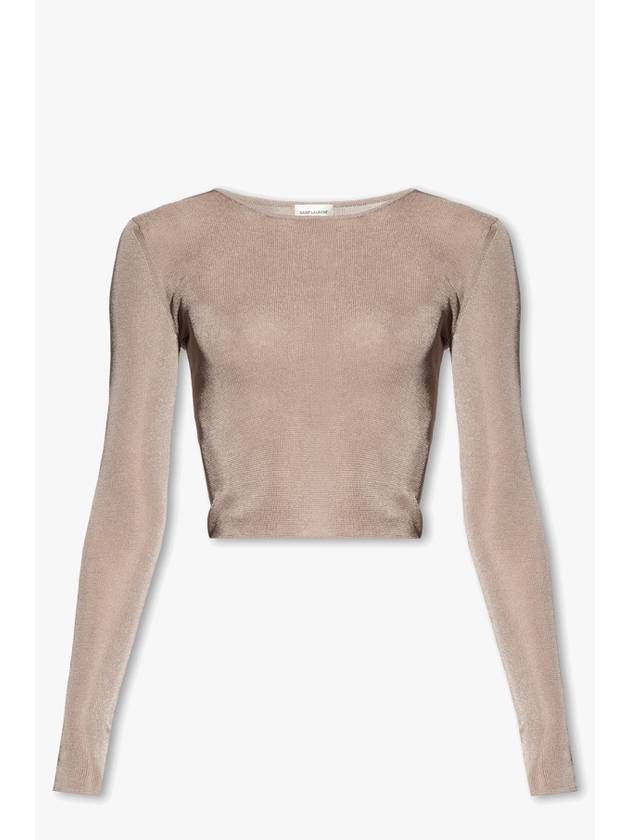 Rib Detail Viscose Crop Long Sleeve T-Shirt Pink - SAINT LAURENT - BALAAN 2