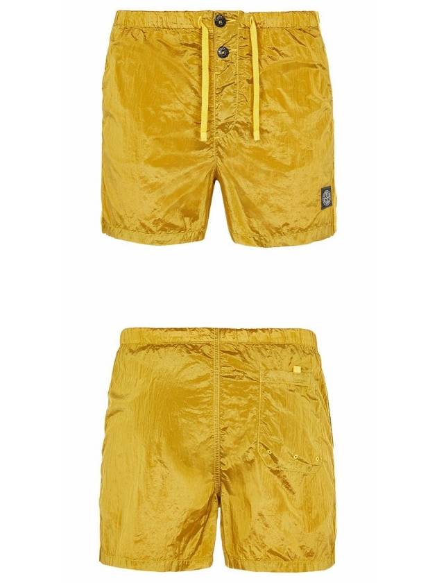 Logo Patch Nylon Metal Button Swim Shorts Yellow - STONE ISLAND - BALAAN.