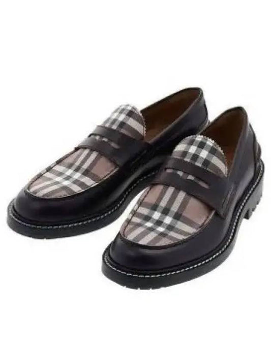 Men's Vintage Check Panel Leather Loafers Brown - BURBERRY - BALAAN 2