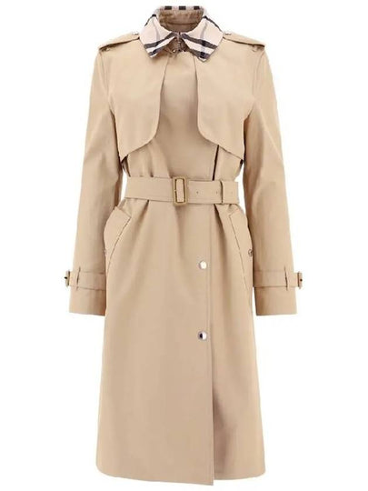 Women's Check Panel Cotton Gabardine Regular Fit Trench Coat Beige - BURBERRY - BALAAN 2