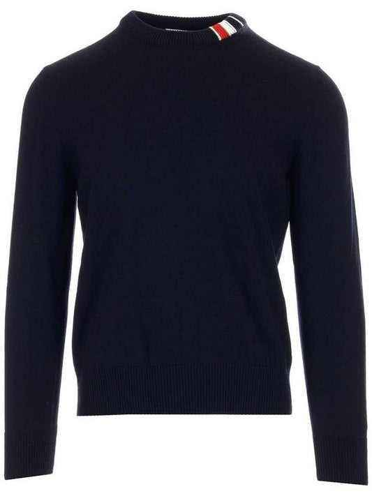 three stripe tab wool knit relaxed fit knit top navy - THOM BROWNE - BALAAN.