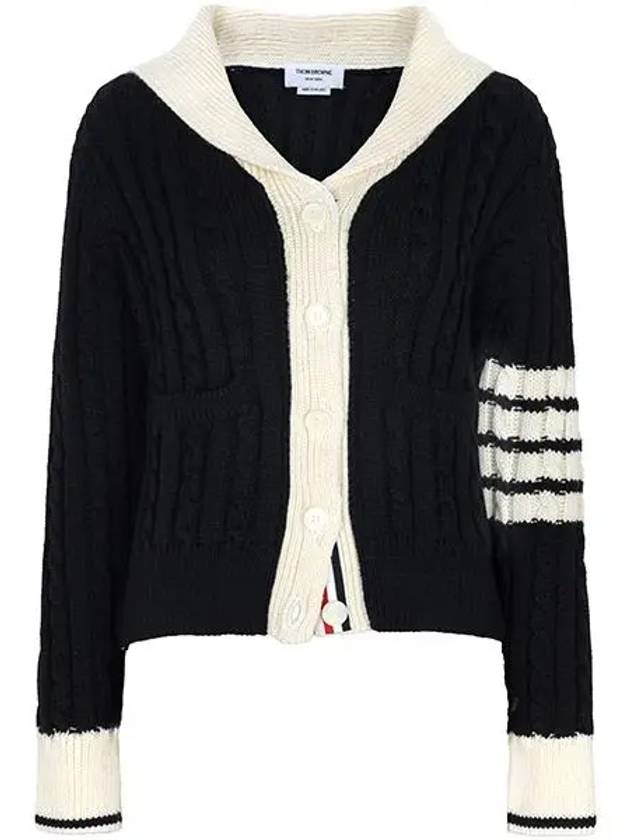 Classic Wool 4-Bar Cable Knit Cardigan Navy - THOM BROWNE - BALAAN 5