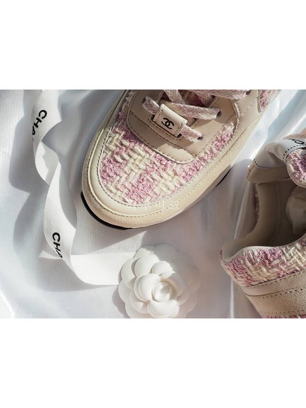 CC Logo Cotton Tweed Suede Calfskin Low Top Sneakers Pink Ecru - CHANEL - BALAAN 6