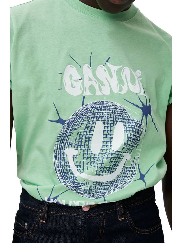 Smiley Relaxation Logo Round Neck Cotton Short Sleeve T-Shirt Green - GANNI - BALAAN 7