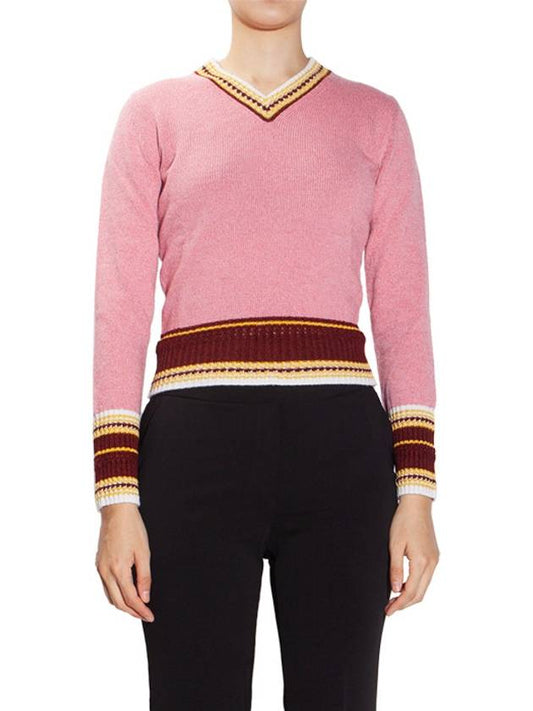 Contrast Striped V-neck Cashmere Knit Top Pink - BARRIE - BALAAN 2