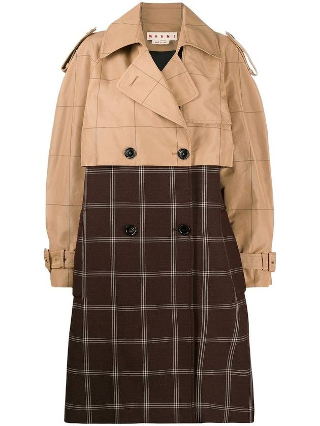 Women's Double Breasted Two-tone Check Trench Coat Brown - MARNI - BALAAN 1