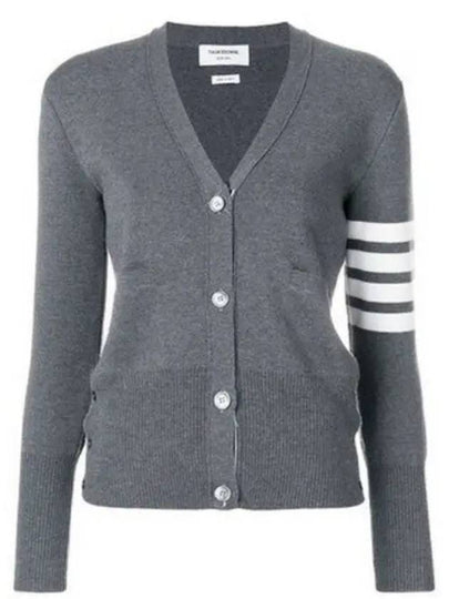 Milano Stitch 4 Bar Classic V Neck Fine Merino Wool Cardigan Medium Grey - THOM BROWNE - BALAAN 2