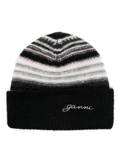 Stripe Soft Wool Beanie Black - GANNI - BALAAN 2