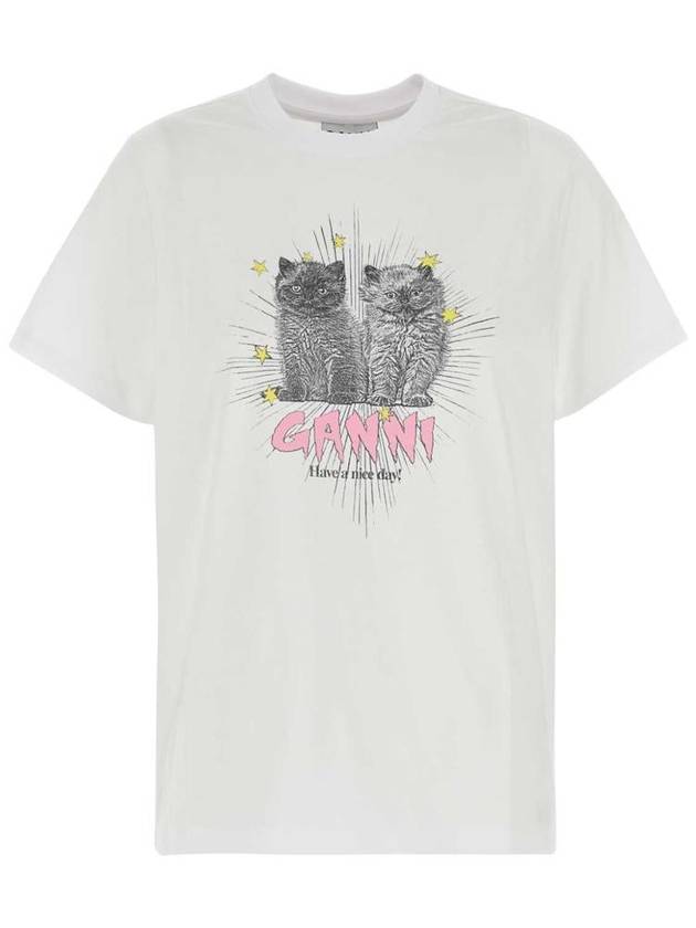 Relax Fit Basic Kitten Short Sleeved T-Shirt White - GANNI - BALAAN 2