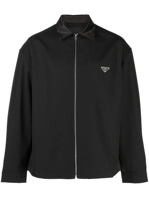 Triangle Logo Wool Shirt Zip Up Jacket Black - PRADA - BALAAN 2