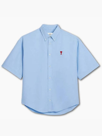 Men's Boxy Fit Embroidered Logo Short Sleeve Shirt Light Blue - AMI - BALAAN 2