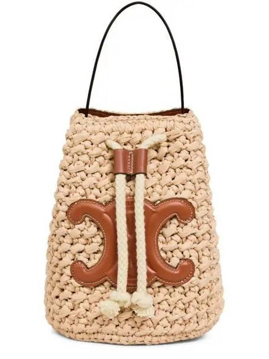 Teen Drawstring Raffia Calfskin Bucket Bag Natural Tan - CELINE - BALAAN 1