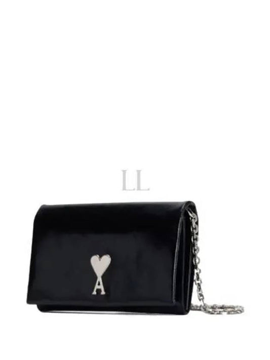 Heart Logo Plaque Leather Chain Long Wallet Black - AMI - BALAAN 2