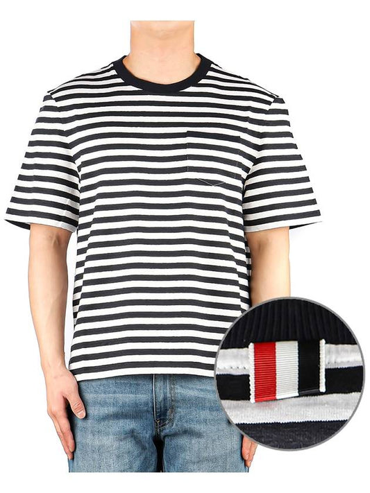 Striped Linen Short Sleeve T-Shirt White Navy - THOM BROWNE - BALAAN 2