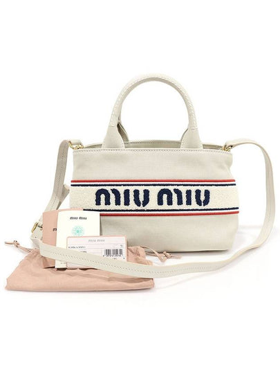 5BA253 White Canvas Logo Embroidered Tote 2WAY - MIU MIU - BALAAN 2