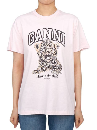 Leopard Print Cotton Short Sleeve T-Shirt Pink - GANNI - BALAAN 2