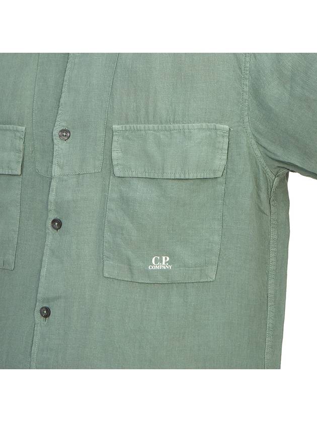 Linen Short Sleeve Shirt Green - CP COMPANY - BALAAN 7