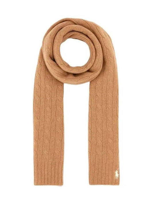 Embroidered Pony Cable Knit Scarf Camel - POLO RALPH LAUREN - BALAAN 2