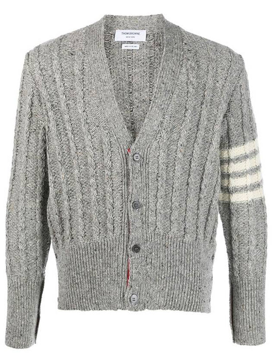 Donegal Twist Cable 4 Bar Classic V Neck Cardigan Light Grey - THOM BROWNE - BALAAN 2