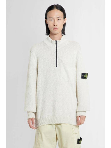 Half Zip-up Loose Fit Uneven Cotton Yarn Knit Top Beige - STONE ISLAND - BALAAN 1