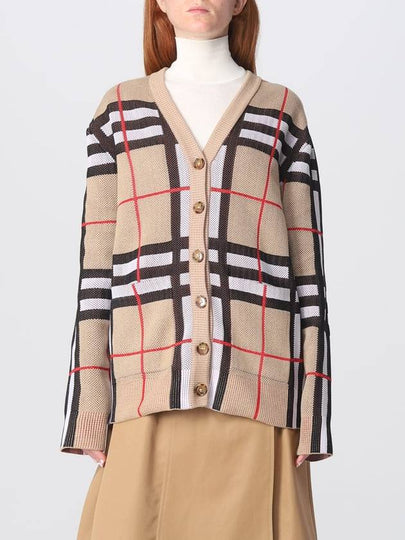 V-Neck Checked Technical Cotton Cardigan Archive Beige - BURBERRY - BALAAN 2