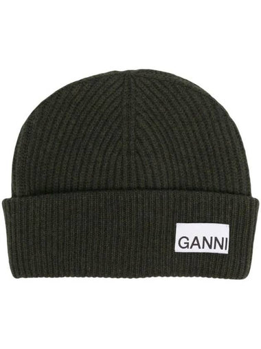 Logo Patch Ribbed Knit Beanie Khaki - GANNI - BALAAN 1