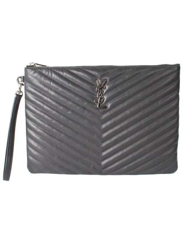 Monogram Cassandre Matelasse Silver Leather Clutch Bag Grey - SAINT LAURENT - BALAAN 2