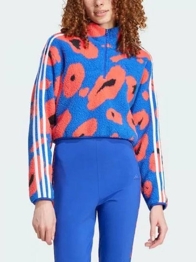 adidas Animal Print Fleece Crop Half Zip Up Top Blue Red IY1664 - ADIDAS - BALAAN 2