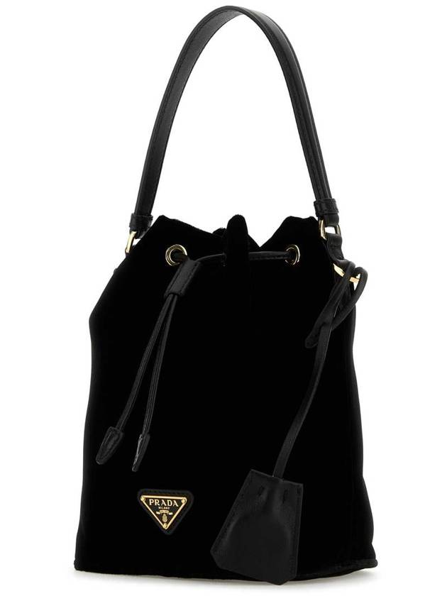 Nappa Leather Detail Velvet Bucket Bag Black - PRADA - BALAAN 3