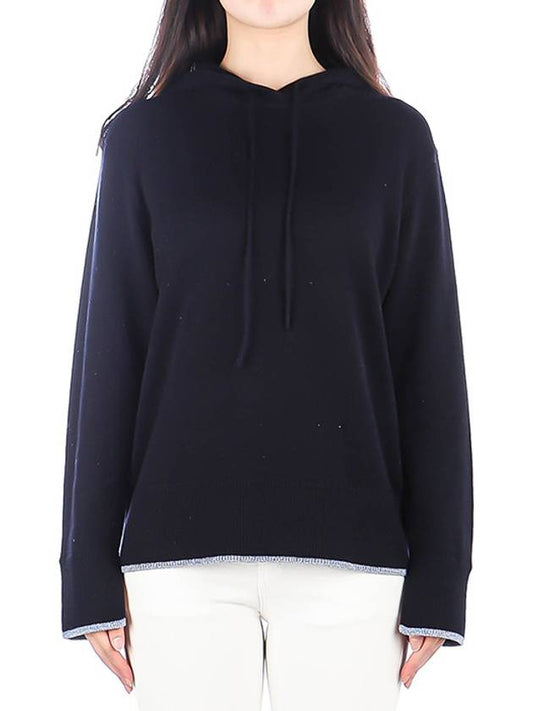 Women's Relax RELAXED Cashmere Cotton Hooded Top Navy Blue - THEORY - BALAAN.