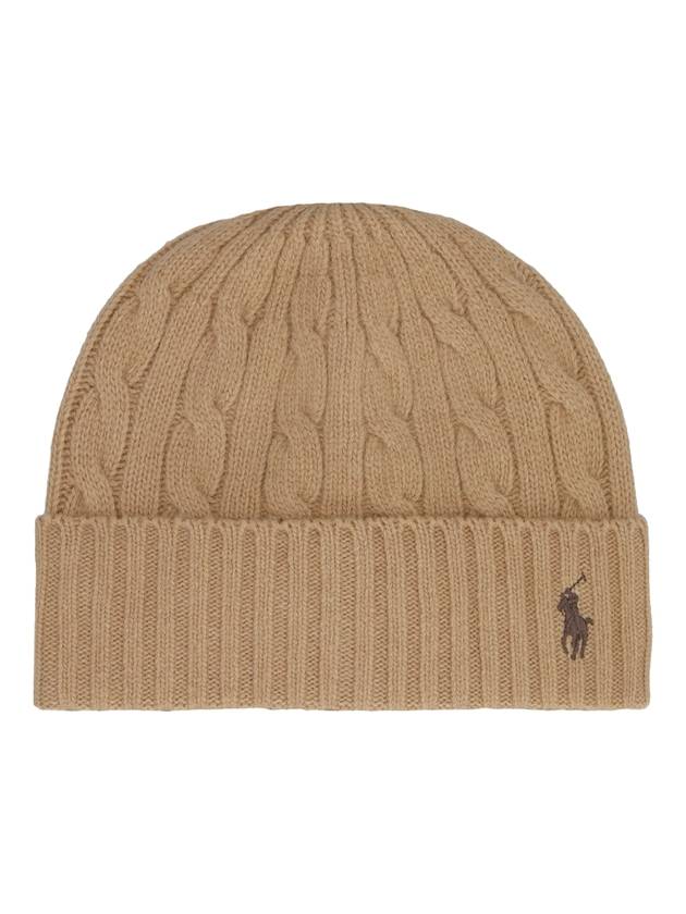 cable knit logo embroidered beanie camel - POLO RALPH LAUREN - BALAAN.