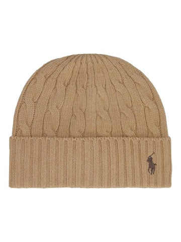 cable knit logo embroidered beanie camel - POLO RALPH LAUREN - BALAAN.
