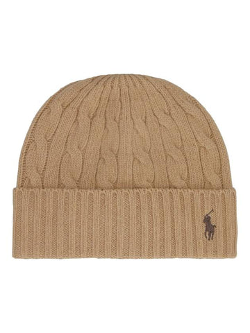 Embroidered Logo Cable Knit Beanie Camel - POLO RALPH LAUREN - BALAAN 1