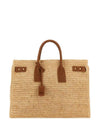 Sac De Jour Medium Supple Raffia and Vegetable-Tanned Leather Tote Bag Naturel Brick - SAINT LAURENT - BALAAN 1