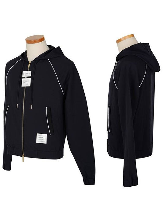 double knit rayon hooded zip-up navy - THOM BROWNE - BALAAN.