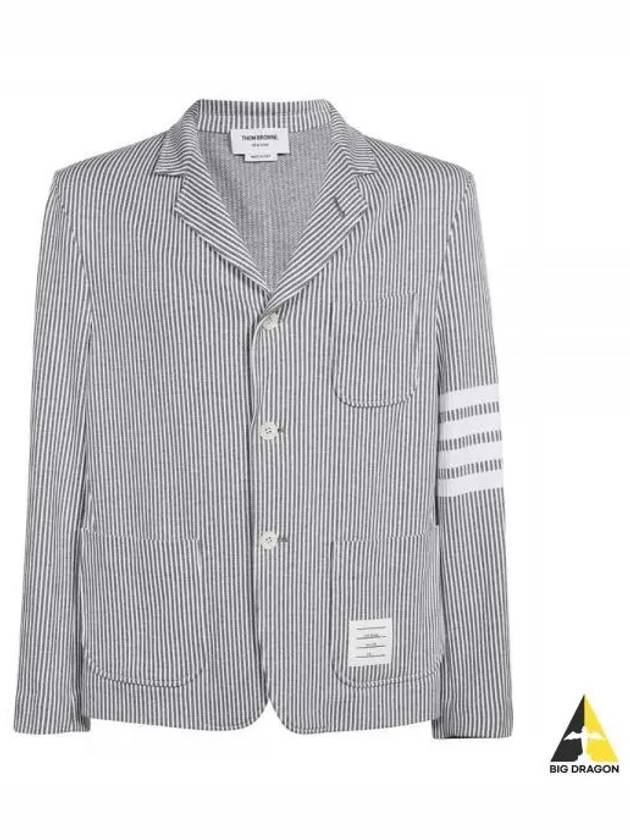 Men's 4 Bar Seesucker Loopback 4 Bar Sack Cardigan Grey - THOM BROWNE - BALAAN 2