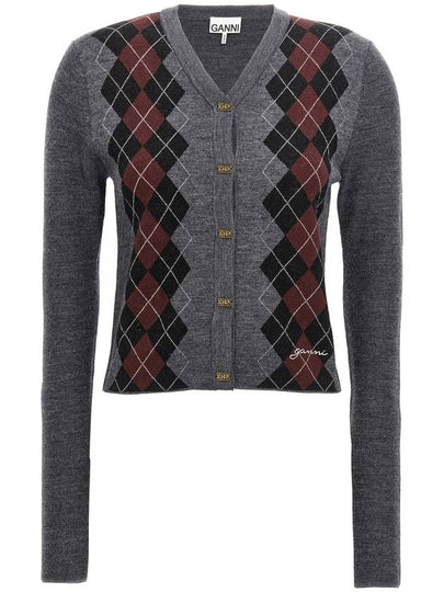 V-Neck Argyle Knit Cardigan Grey - GANNI - BALAAN 2