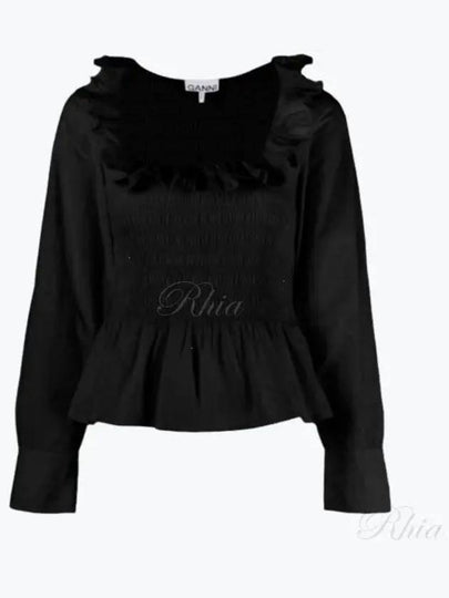 Poplin Ruffled Smoked Cotton Blouse Black - GANNI - BALAAN 2