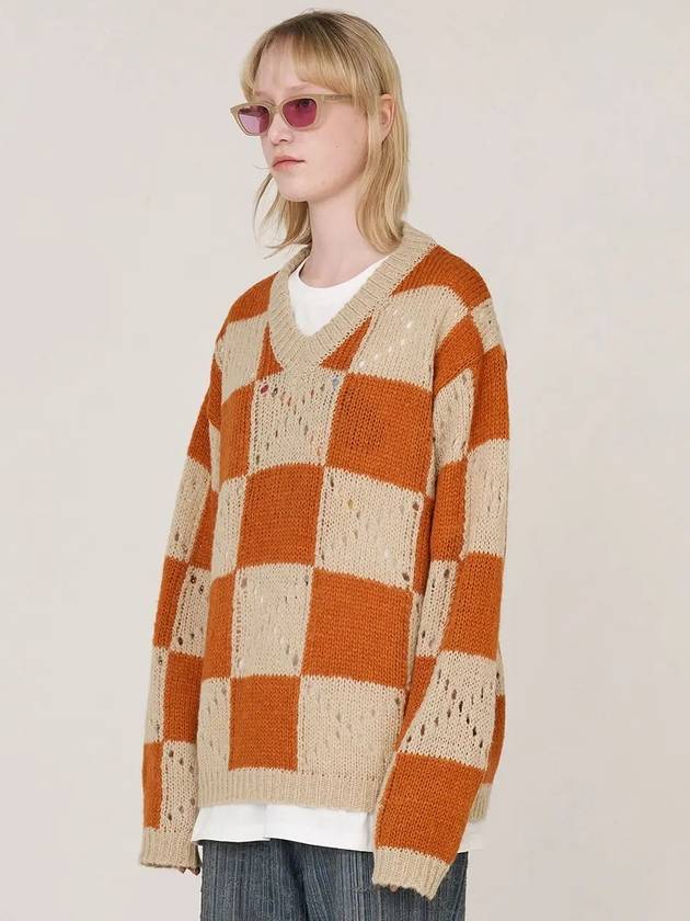 argyle checker V-neck knit beige - UNALLOYED - BALAAN 3