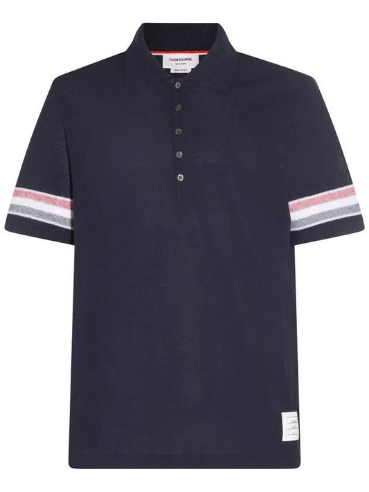 Men's RWB Stripe Cotton Polo Shirt Navy - THOM BROWNE - BALAAN 1