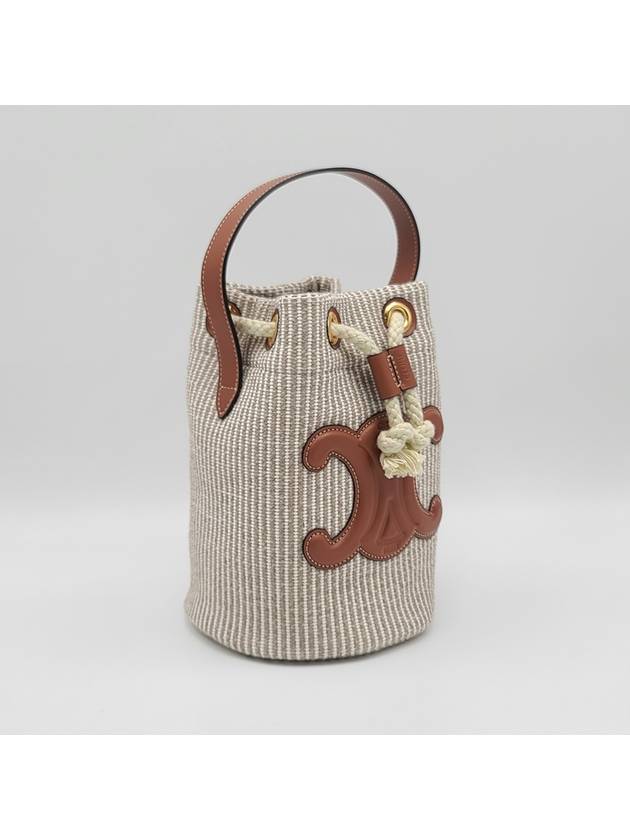 Teen Drawstring Striped Canvas Calfskin Bucket Bag Beige - CELINE - BALAAN 3